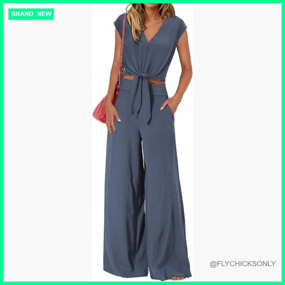 Polyester 2-Piece Pant Set with V-Neck Crop Top and Wide Leg Pants